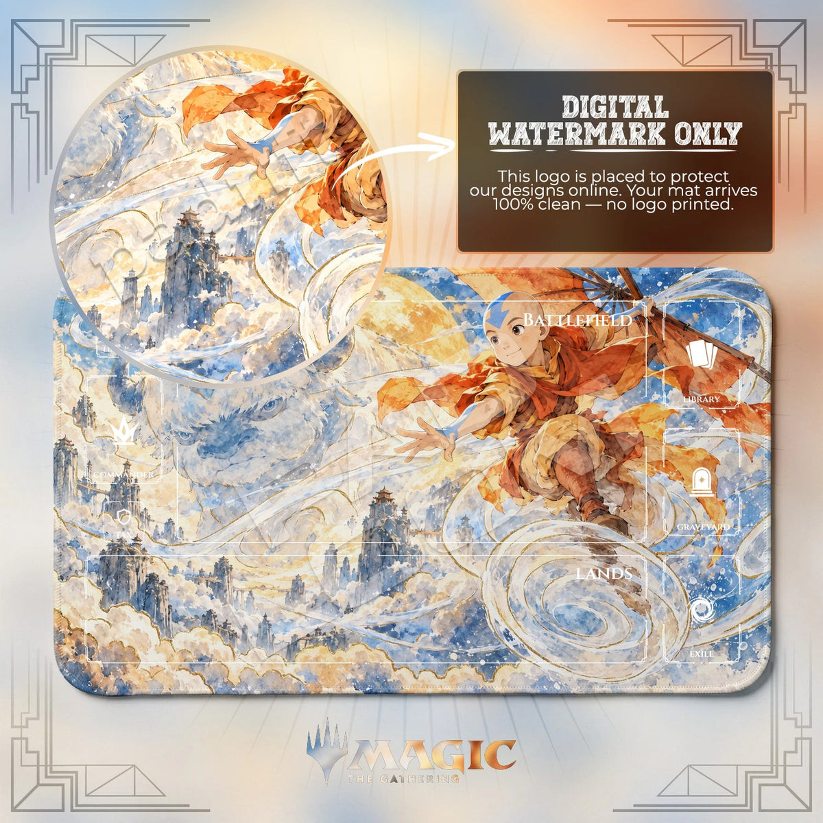 Aang & Appa Sky Avatar MTG playmat with zones; the Padloom watermark is digital only, not printed