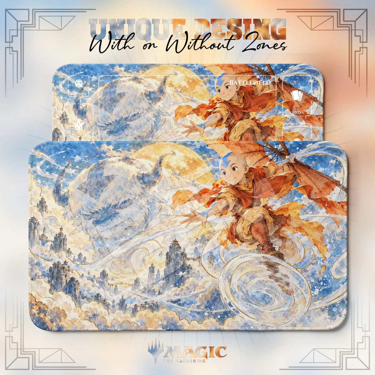 Aang & Appa Sky Avatar MTG playmat shown with zones and without zones