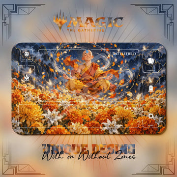 Aang Marigold Avatar MTG playmat, orange and navy art with play zones, 24 x 14 in