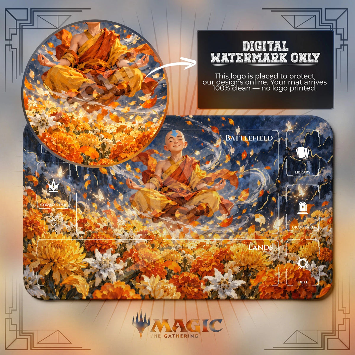 Aang Marigold Avatar MTG playmat with zones; the Padloom watermark is digital only, not printed
