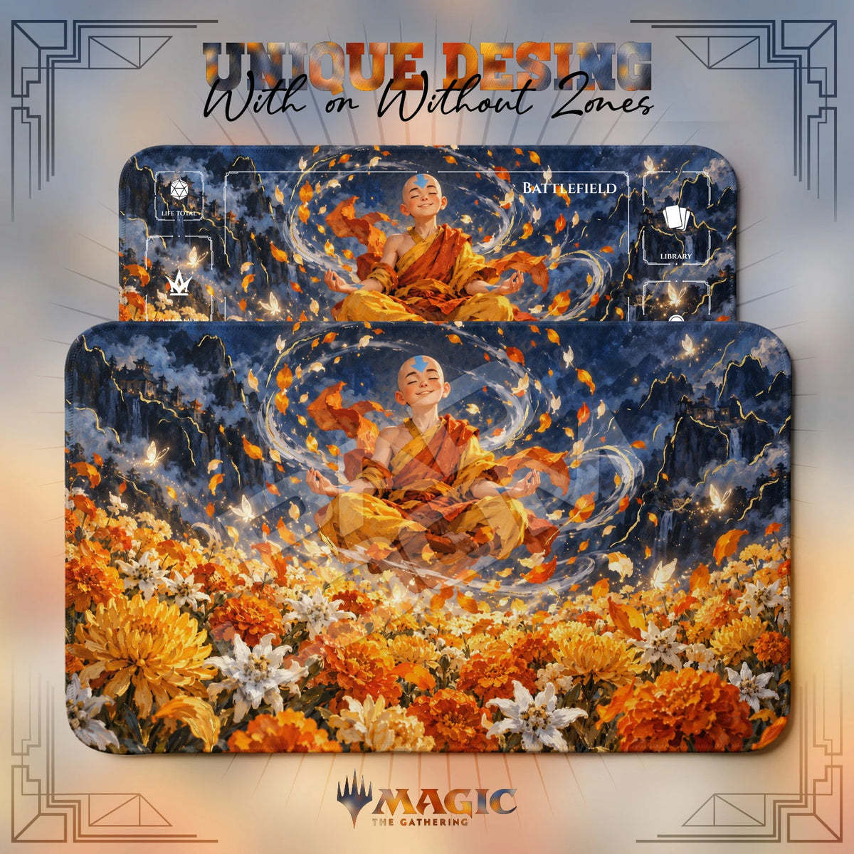 Aang Marigold Avatar MTG playmat shown with zones and without zones