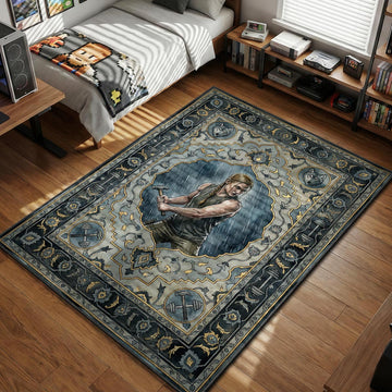 Abby Anderson holding hammer in rain with WLF wolf and dumbbell motifs gaming area rug and floor mat