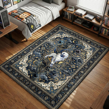 Absol standing before mountains and crescent moons in a dark blue traditional Persian pattern area rug and floor mat