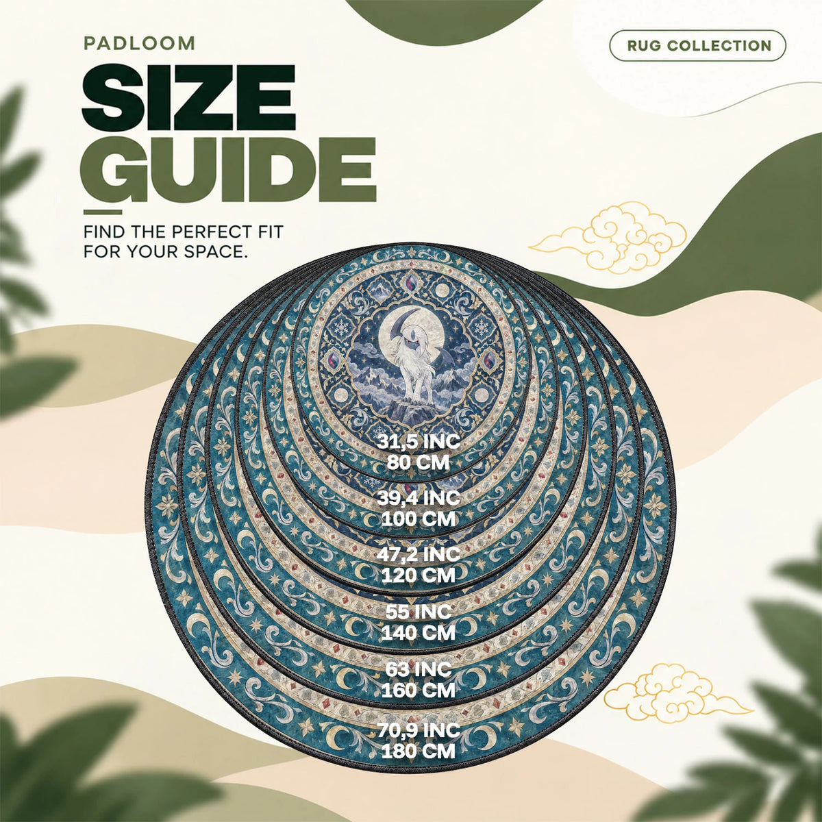 Absol Moonlit round rug size guide, 80 to 180 cm (31.5 to 70.9 in)