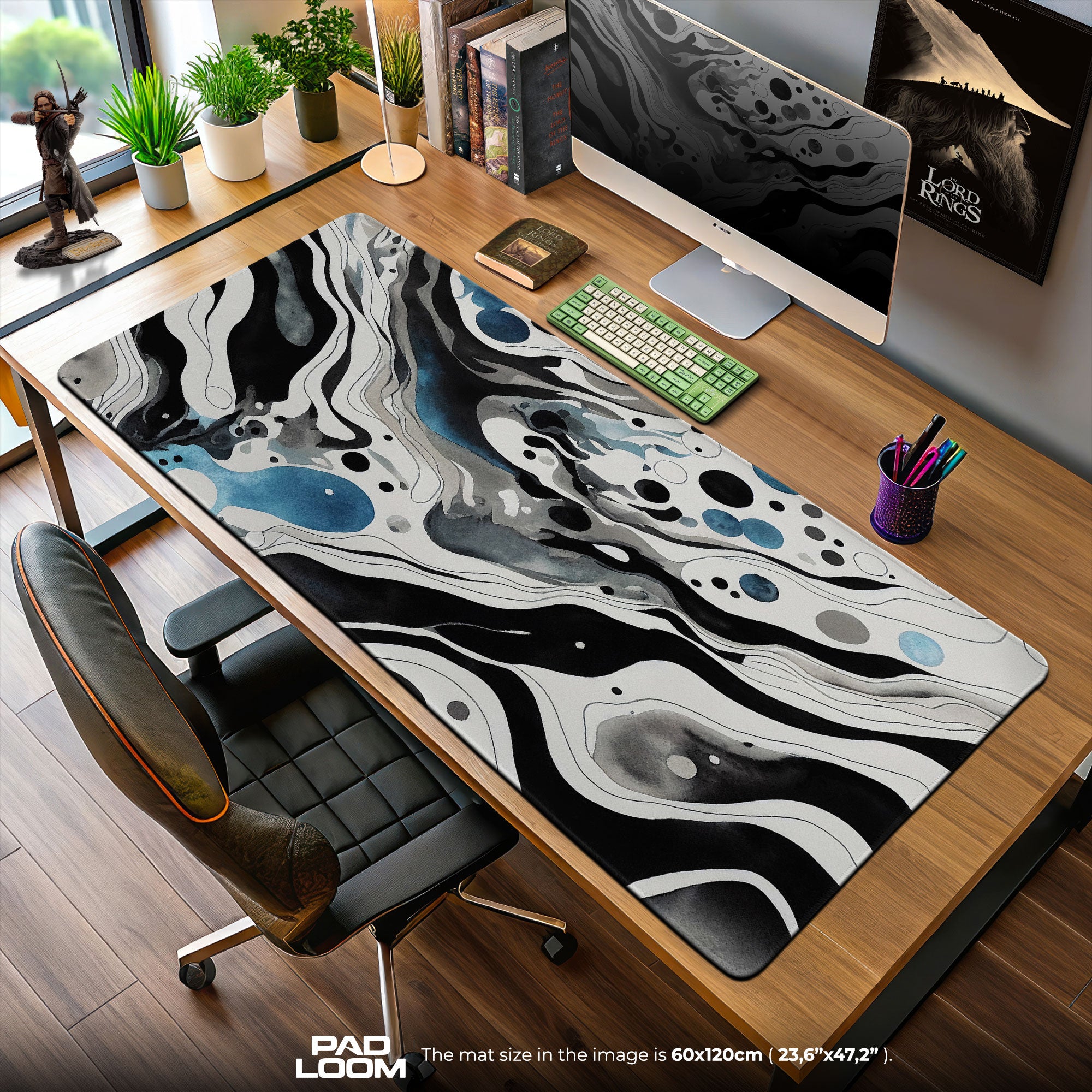 Abstract Black White Waves Mouse Pad, Artistic Gamer Desk Mat