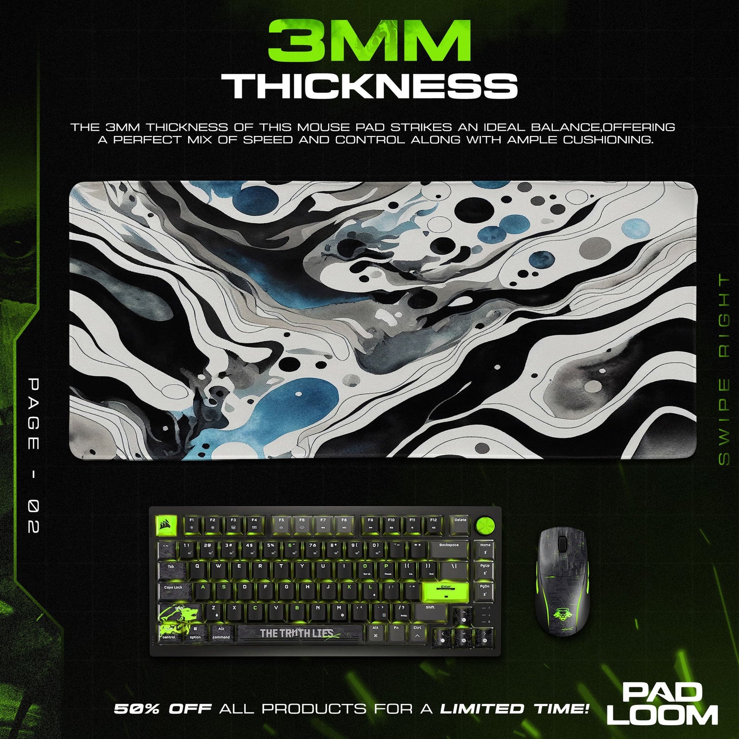 Abstract Black White Waves Mouse Pad, Artistic Gamer Desk Mat Padloom