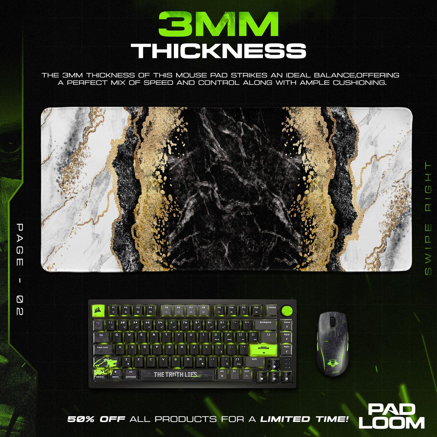 Abstract Marble Noir Mouse Pad, Artistic Gamer Desk Mat Padloom