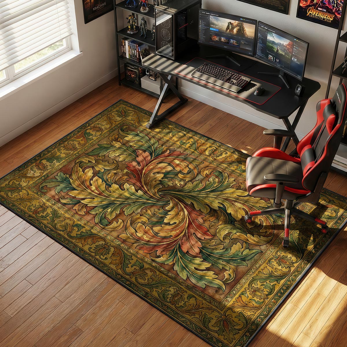 Acanthus leaf rug placed in a formal dining room under a heavy wood table with upholstered chairs