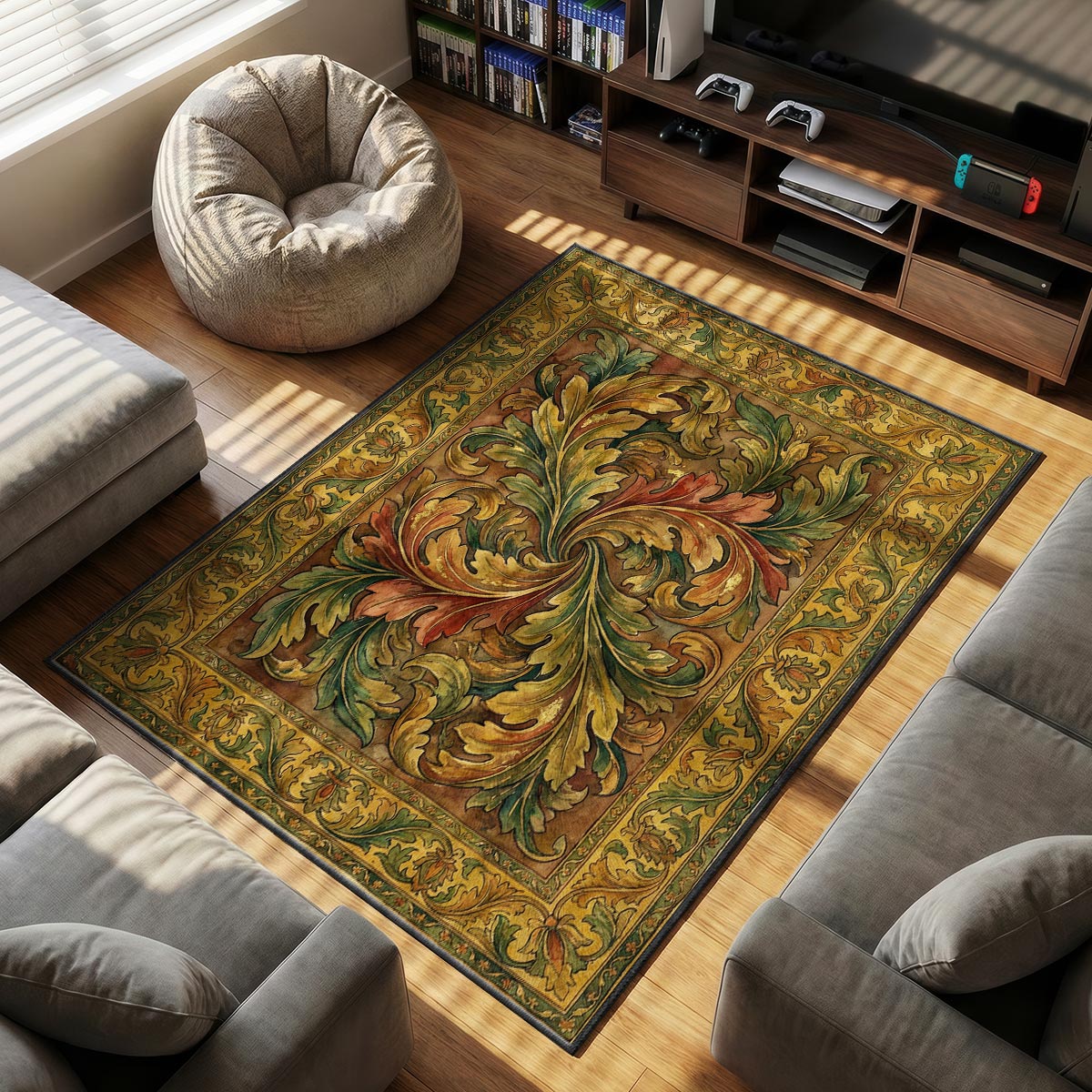 Close-up of acanthus swirl rug showing curled leaf brushwork detail on smooth velvet surface
