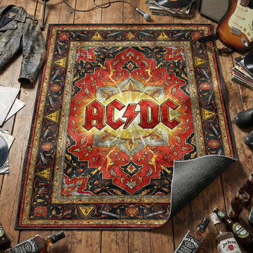 AC/DC red lightning bolt logo area rug with high voltage signs and fiery ornamental tapestry design