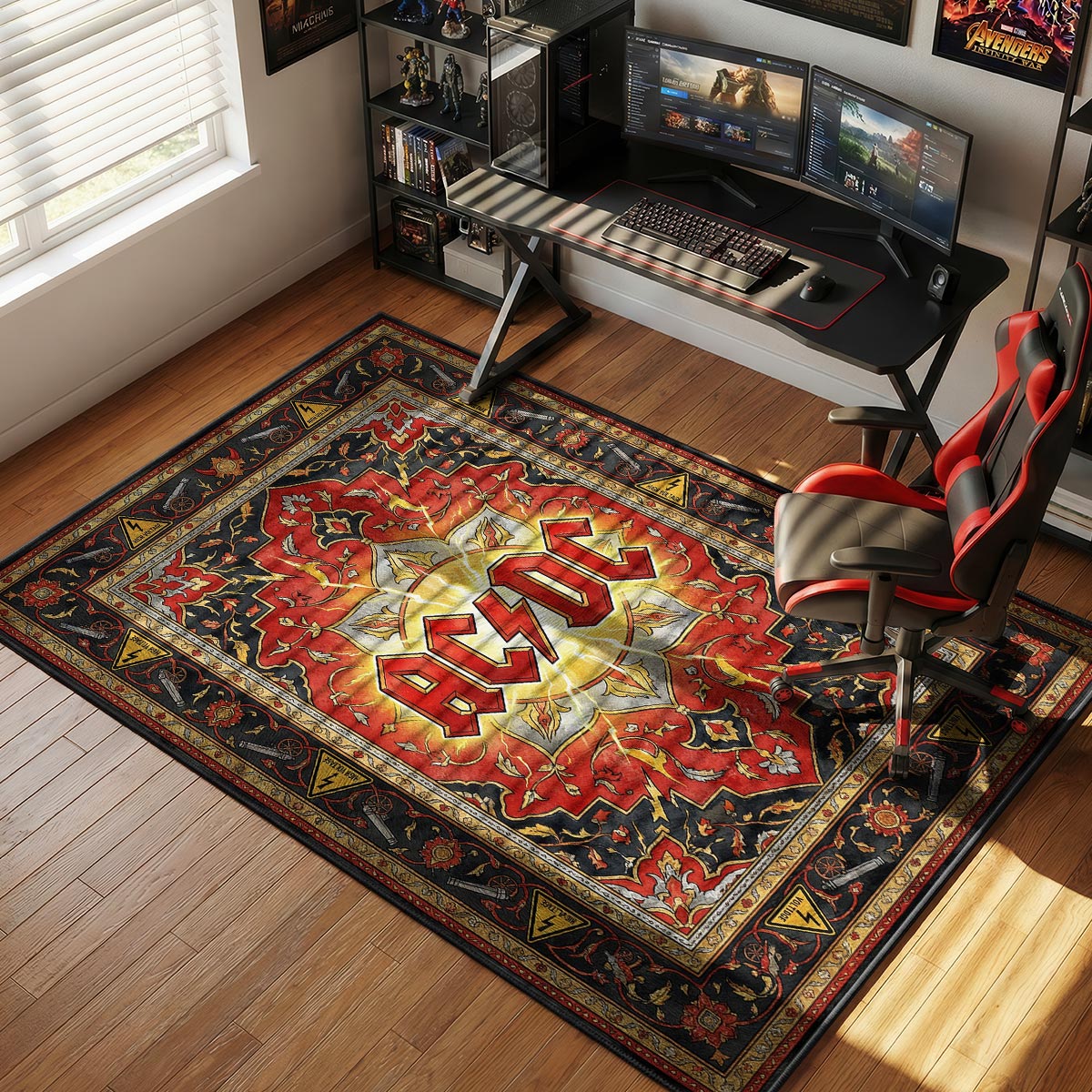 AC/DC hard rock rug placed in an entertainment room with dark walls and warm accent lighting