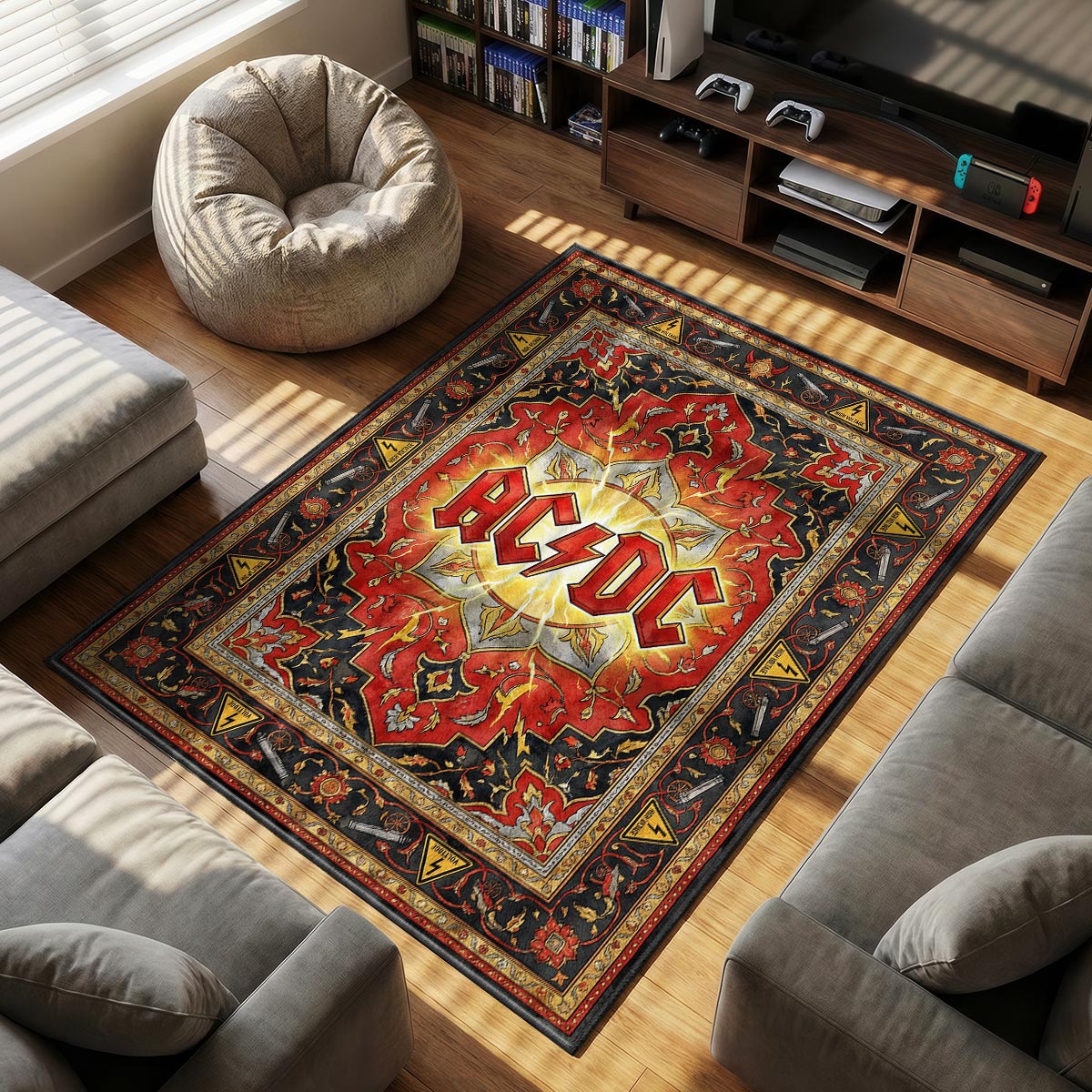 Close-up of AC/DC area rug showing lightning bolt logo and spark plug border detail on plush fiber