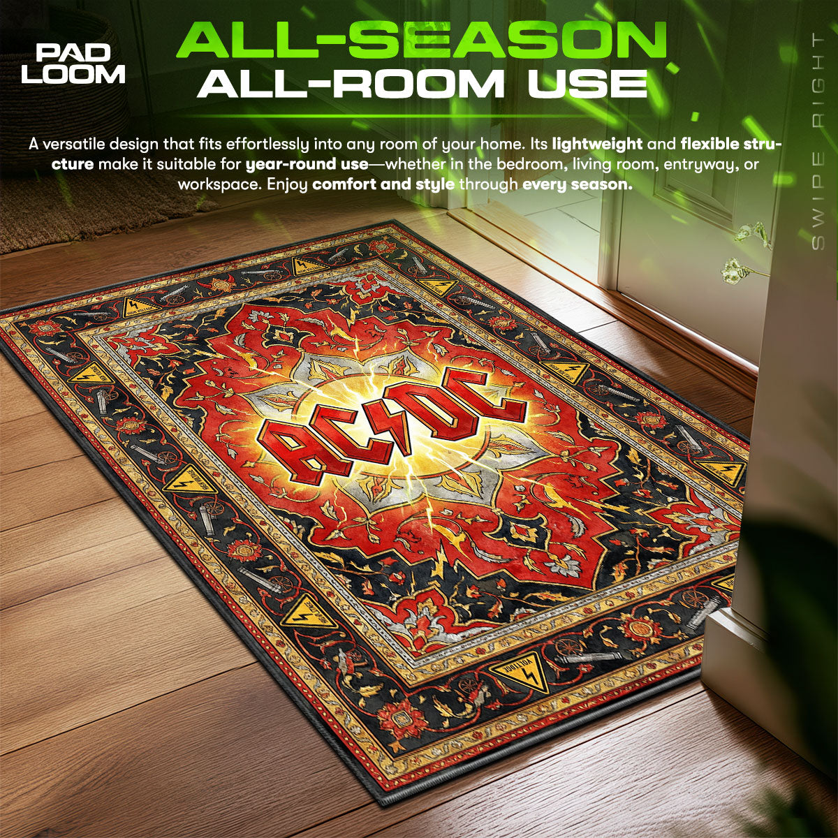 Detailed close-up of AC/DC rug pattern
