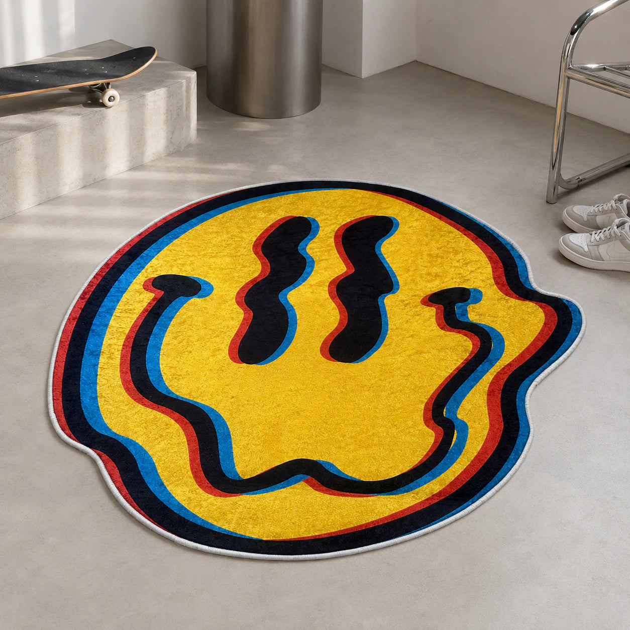 Acid Smile shaped rug shown in a room setting