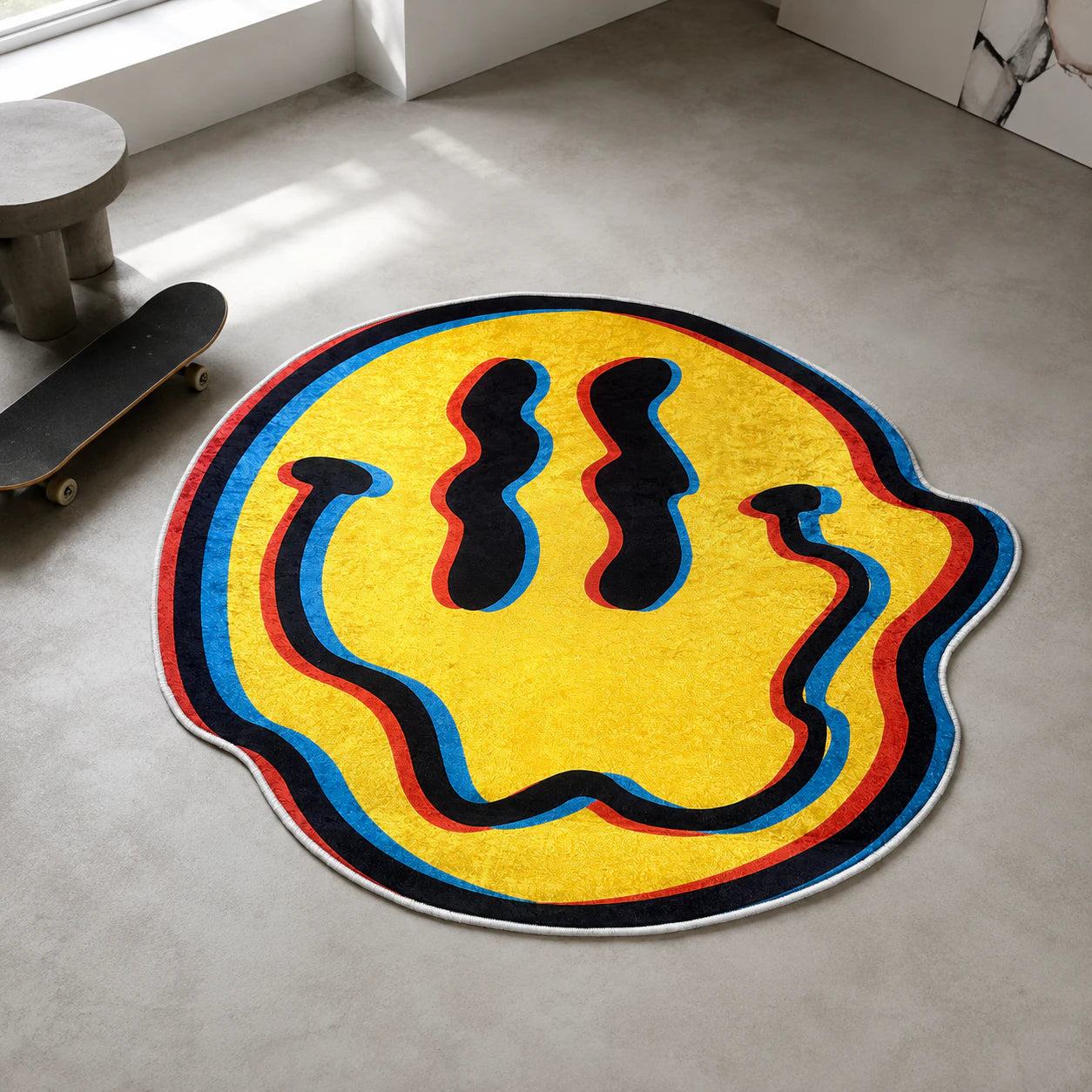 Acid Smile shaped rug close-up, soft washable pile