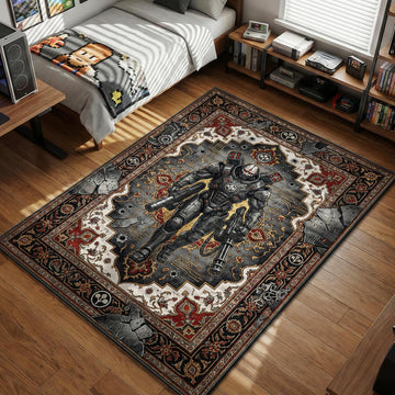 Adam Smasher full body cyborg armor walking through rubble with Arasaka logos gaming area rug and floor mat