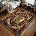 Adeptus Custodes warrior in gold armor with Guardian Spear and lightning motifs gaming area rug and floor mat