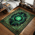 Glowing green Aegis core crystal with DNA strands and ornate gold borders gaming area rug and floor mat
