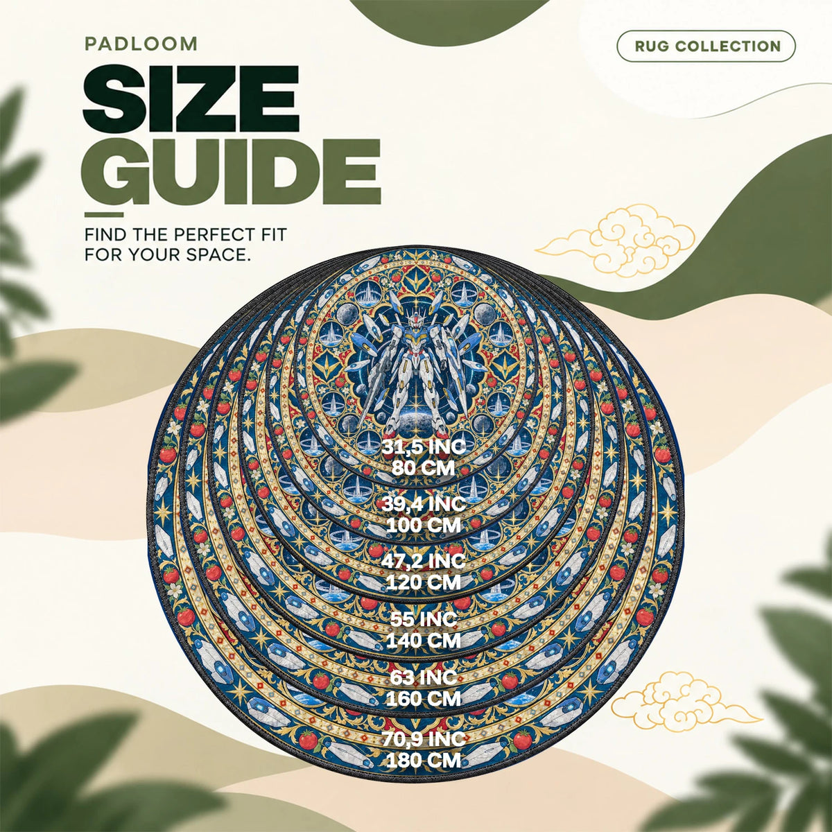 Aerial Lunar round rug size guide, 80 to 180 cm (31.5 to 70.9 in)