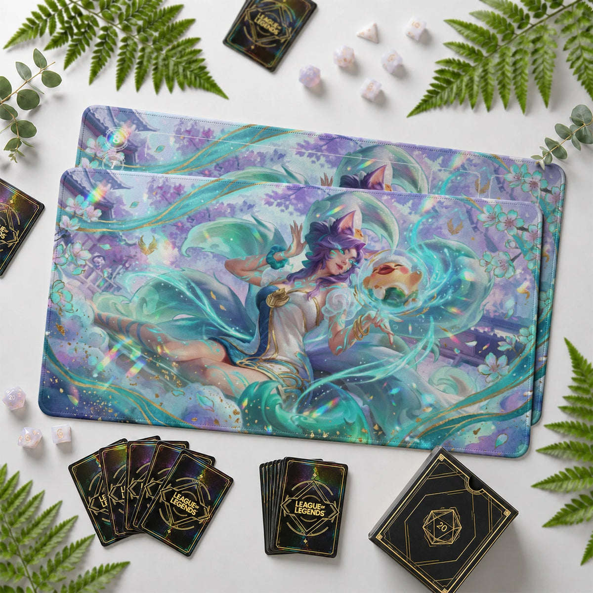 Ahri Bloom Riftbound TCG playmat with card zones and score track – LoL game mat
