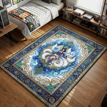 Ahri floating with nine tails and blue magic orb celestial art style gaming area rug and floor mat