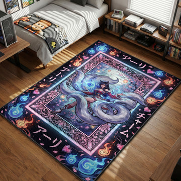 Ahri casting orb with nine tails and spirit flames in pink and blue mystic style gaming area rug and floor mat