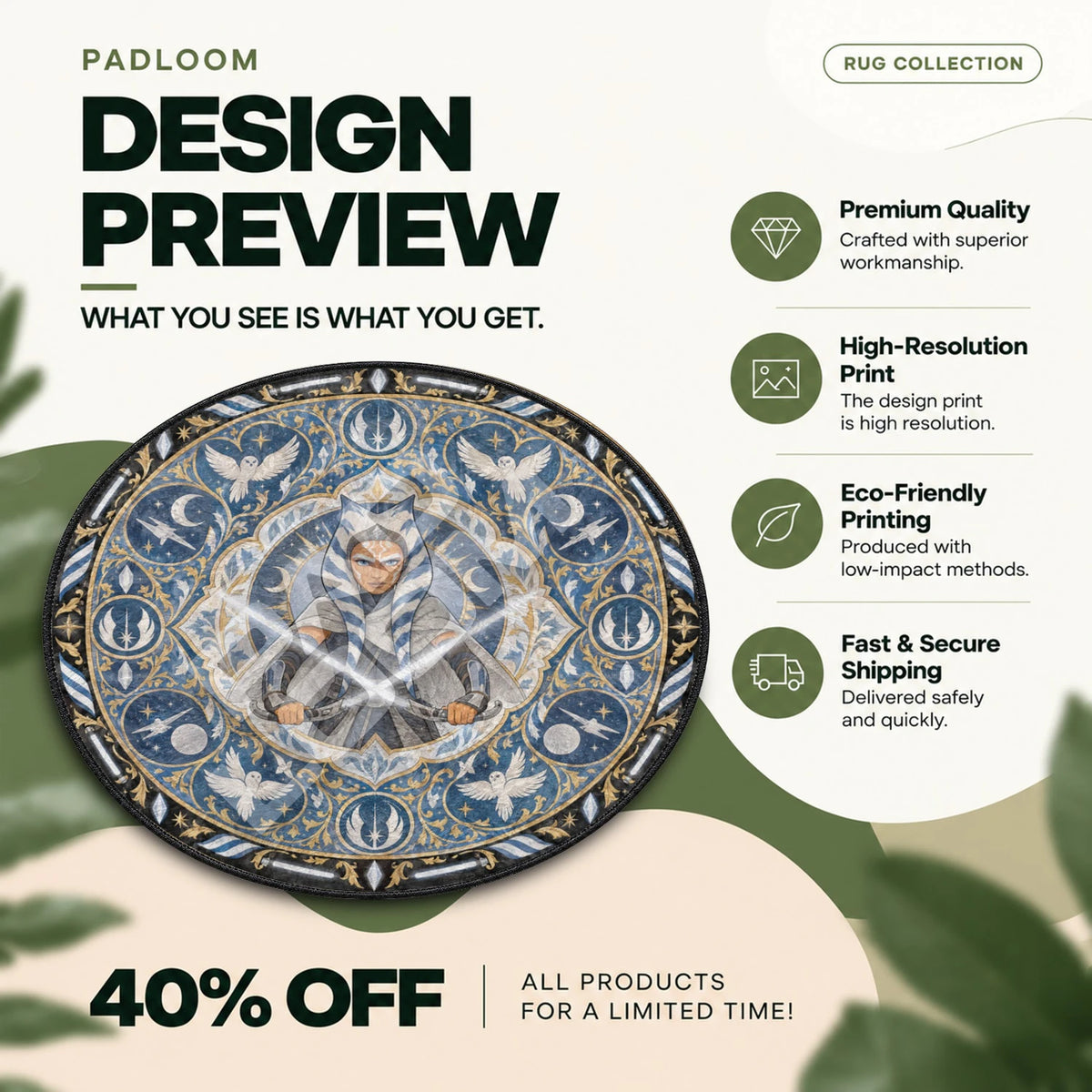 Ahsoka Lightsaber Star Wars round rug full design preview