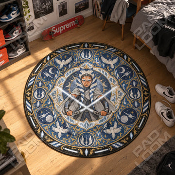 Ahsoka Lightsaber Star Wars round rug on a bedroom floor - Star Wars chair mat