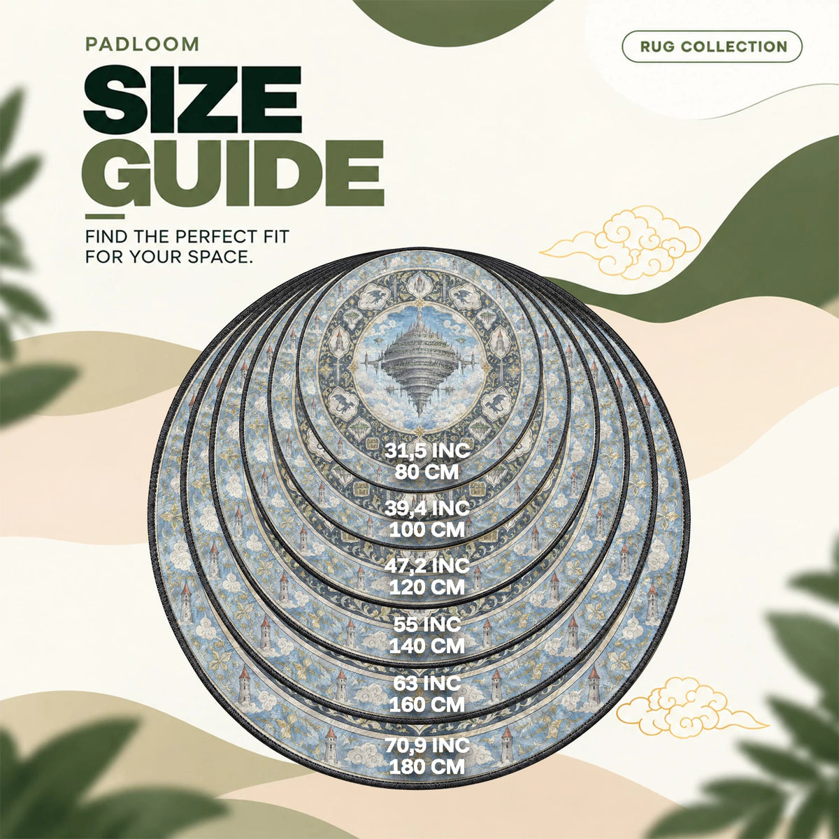 Aincrad Floating round rug size guide, 80 to 180 cm (31.5 to 70.9 in)