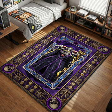 Ainz Ooal Gown from Overlord holding his golden staff surrounded by purple magic orbs and a border of skeletons and hourglasses.