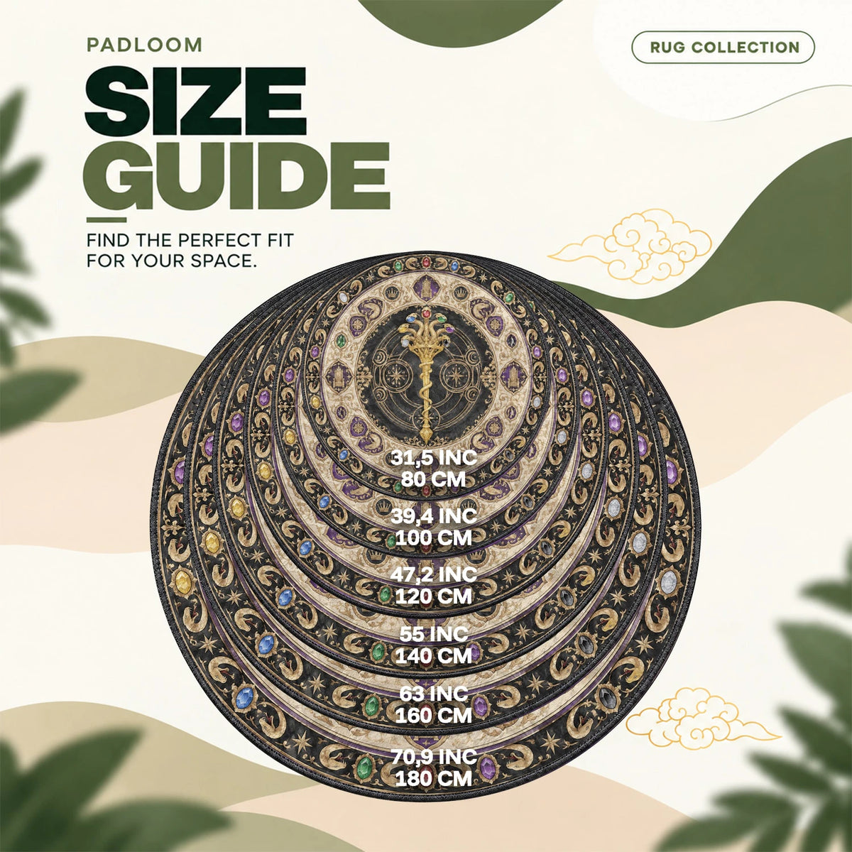 Ainz Scepter round rug size guide, 80 to 180 cm (31.5 to 70.9 in)