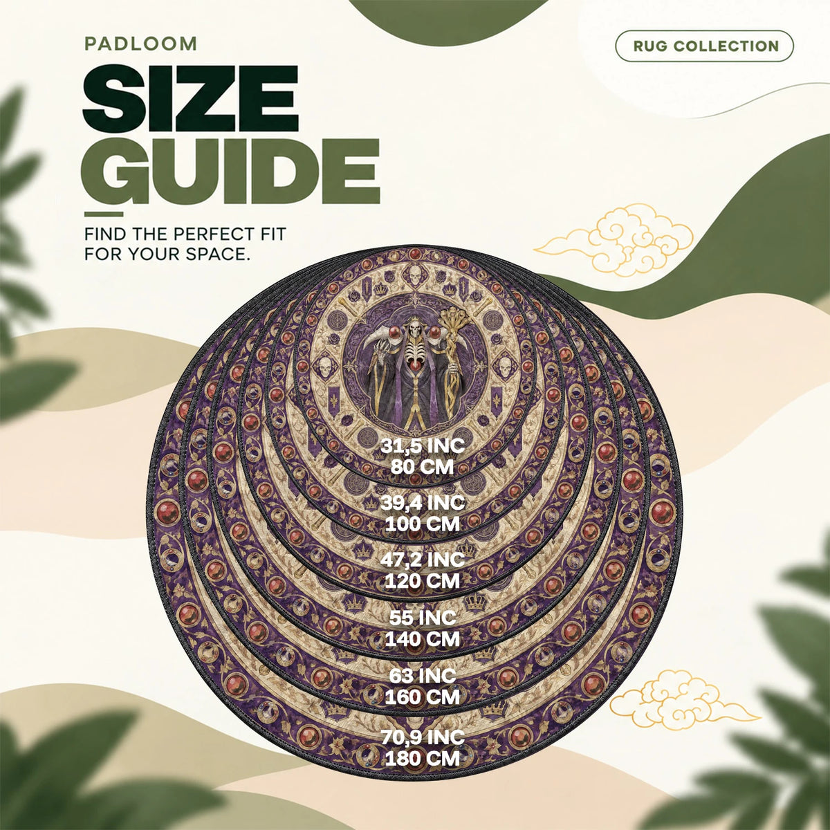 Ainz Staff round rug size guide, 80 to 180 cm (31.5 to 70.9 in)