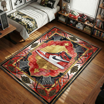 Air Jordan 1 Chicago sneaker art royal gold and red ornate border hypebeast area rug