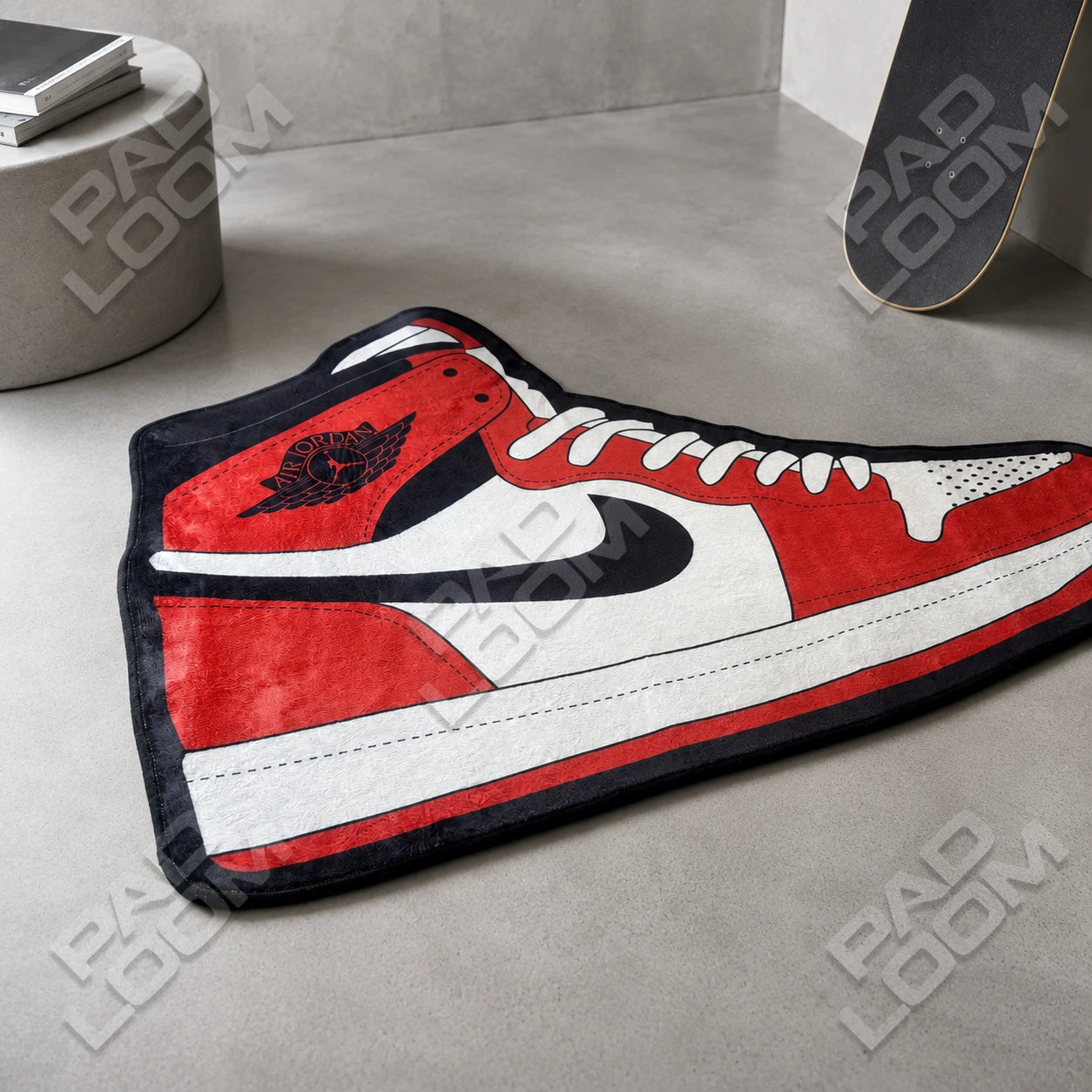 Air Jordan shaped rug shown in a room setting