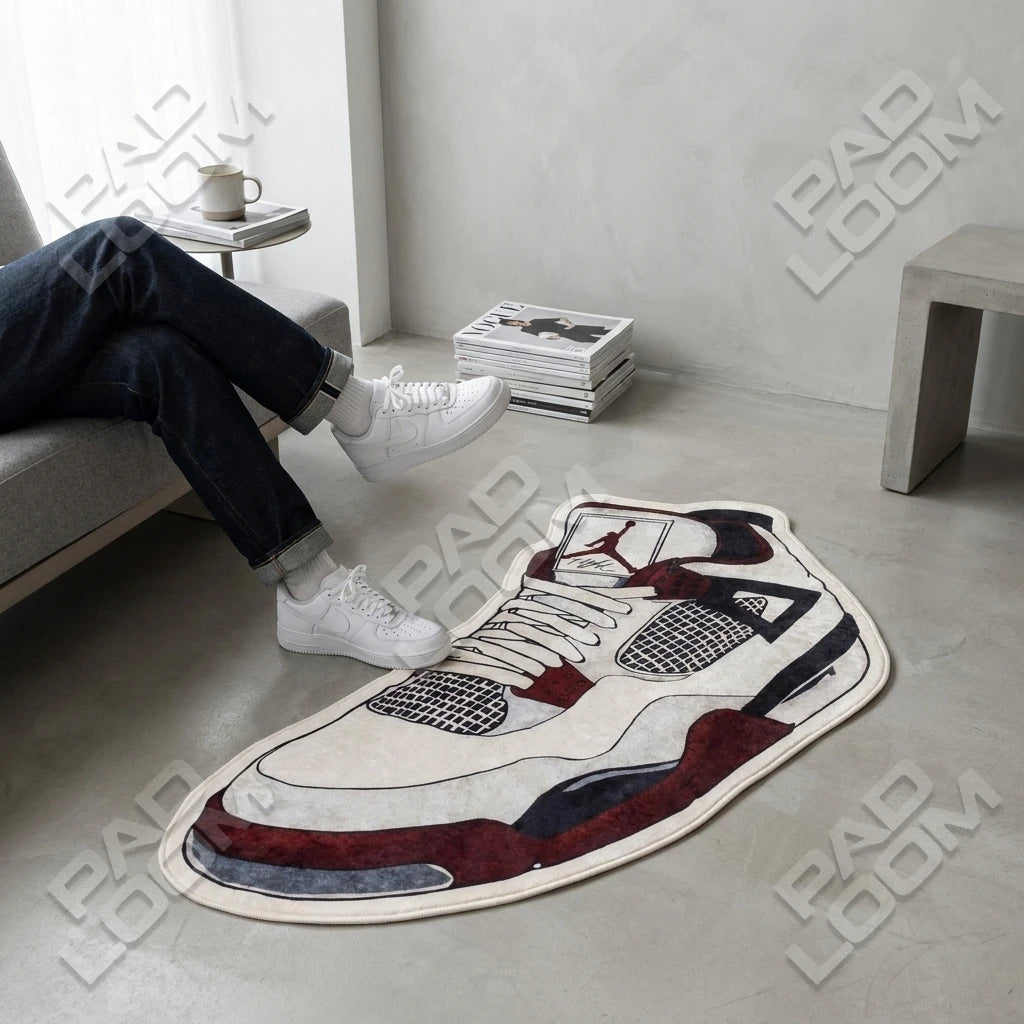 Air Jordan shaped rug shown in a room setting