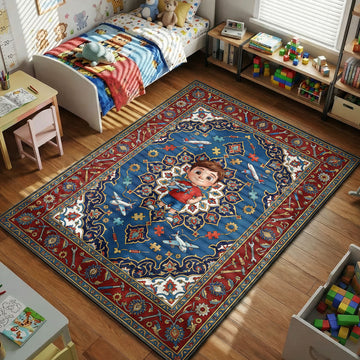 Cartoon boy airplane puzzle blue kids bedroom area rug