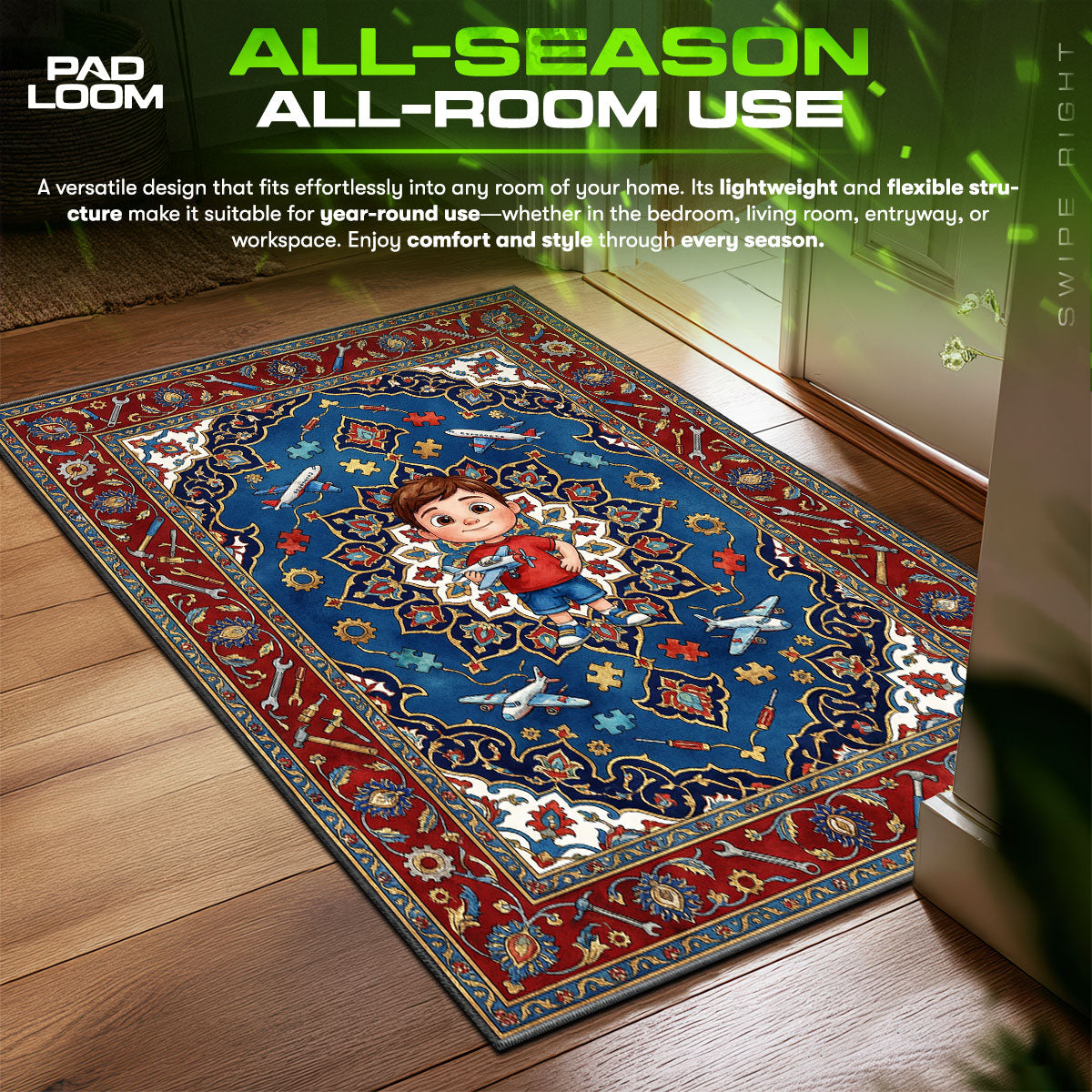 Airplane Adventure Cartoon Boy Kids Floor fan rug — premium quality print
