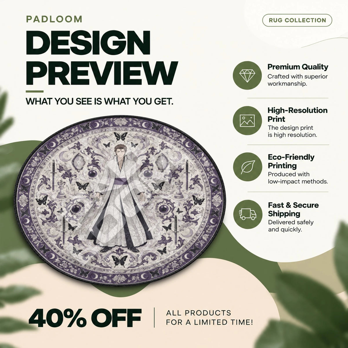 Aizen Butterfly Bleach round rug full design preview