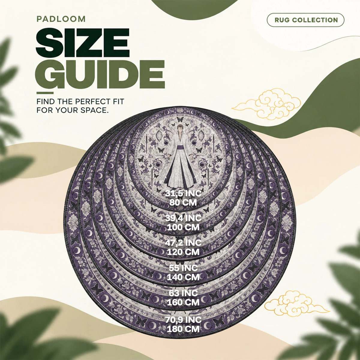 Aizen Butterfly round rug size guide, 80 to 180 cm (31.5 to 70.9 in)