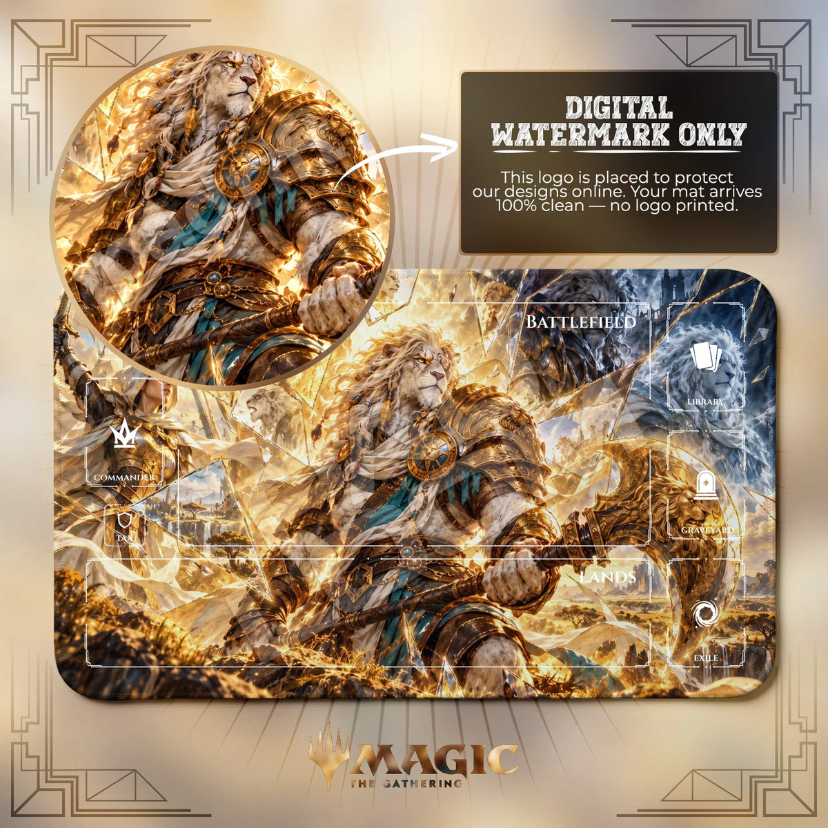 Ajani Shattered MTG playmat with zones; the Padloom watermark is digital only, not printed