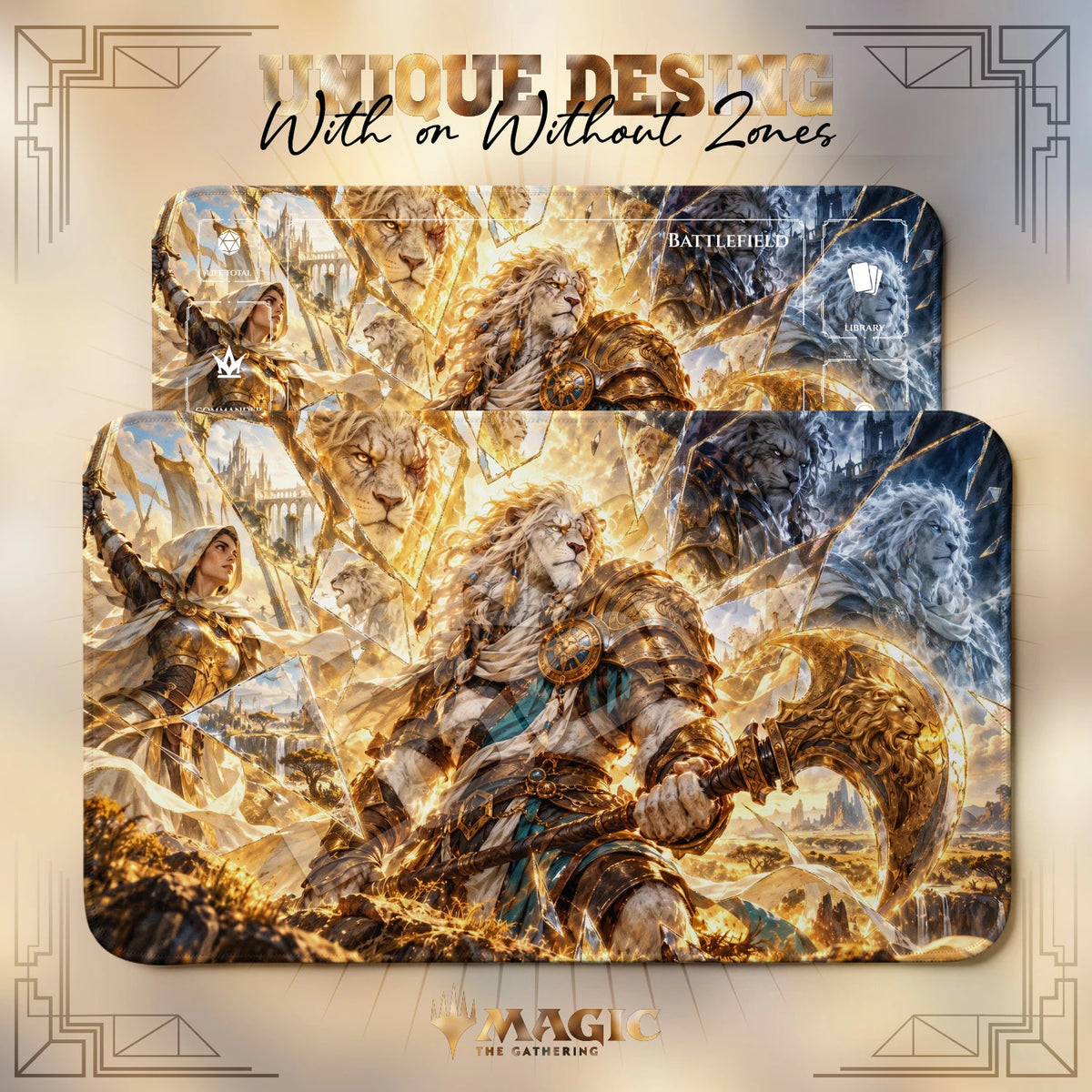 Ajani Shattered MTG playmat shown with zones and without zones