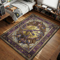 Rust AK-47 assault rifle with purple smoke and shovels tarot card art style gaming area rug and floor mat