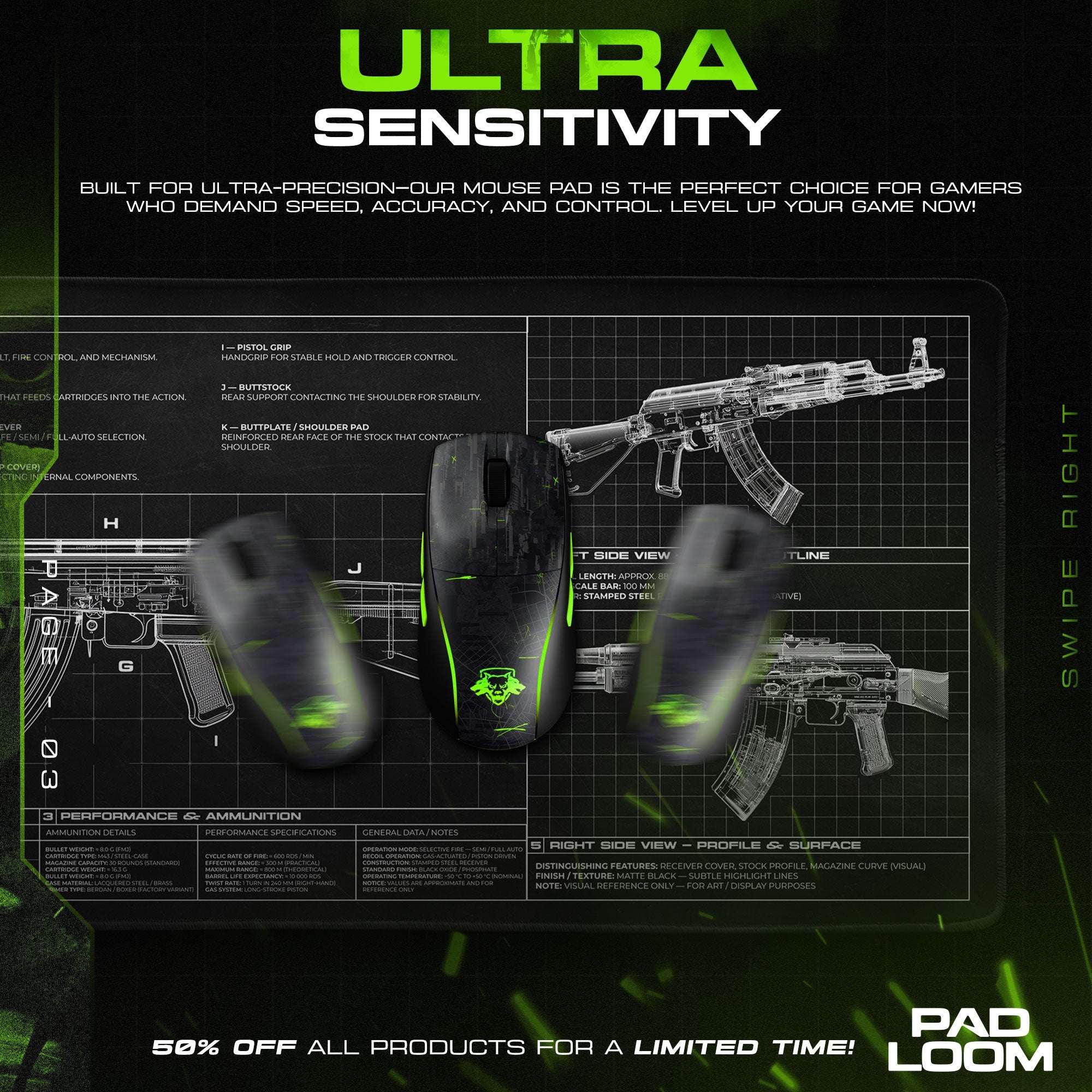 AK-47 Blueprint Mouse Pad - Black CS:GO Gaming Mouse Pad Padloom