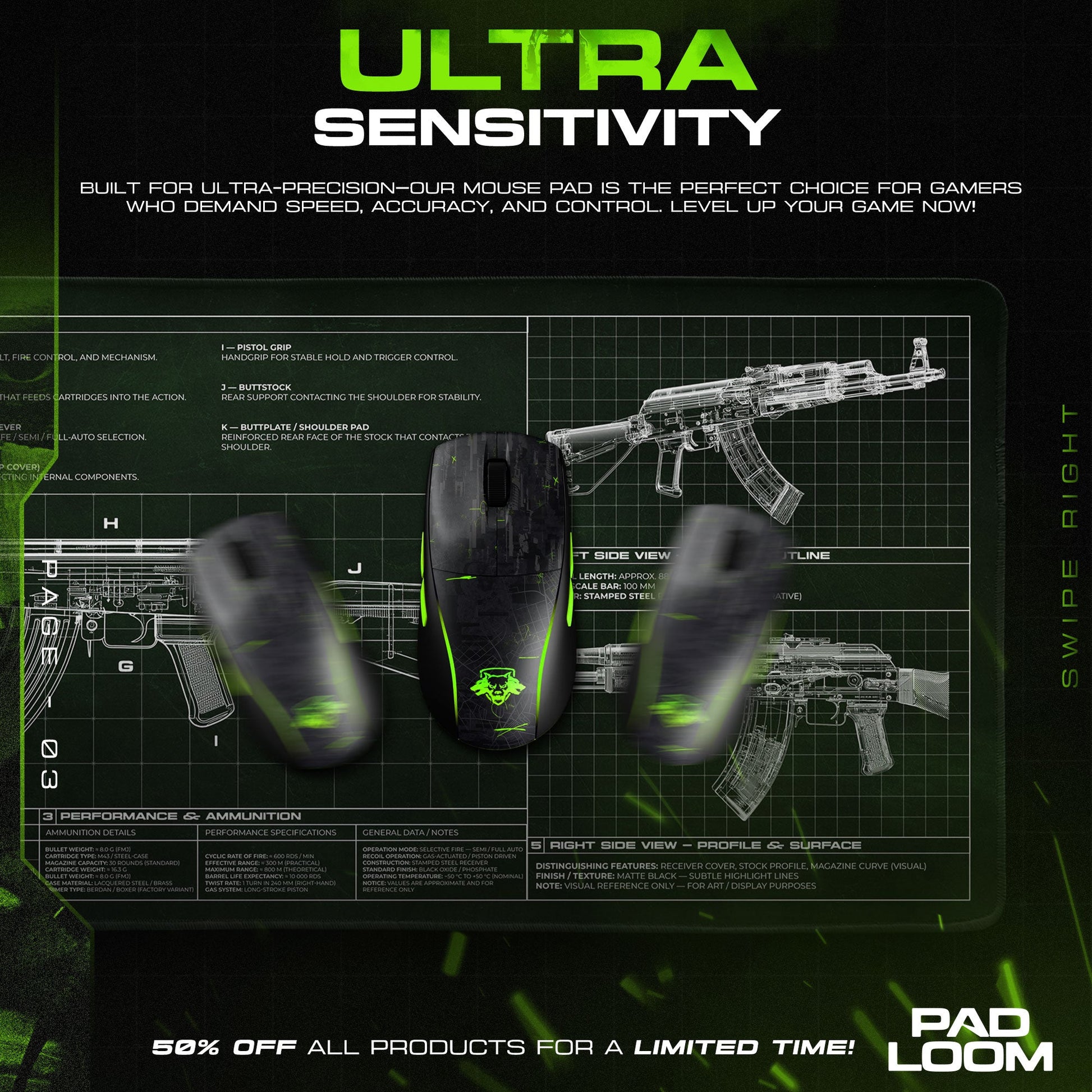 AK-47 Blueprint Mouse Pad - Green CS:GO Gaming Mouse Pad Padloom