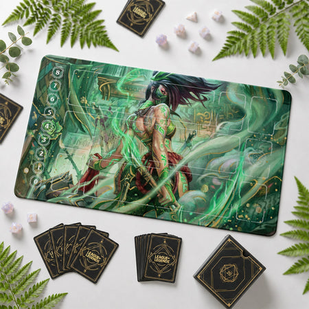 Akali Jade Riftbound TCG playmat – zone-free full-art League of Legends game mat