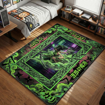Akali wielding kama and kunai in neon green smoke style gaming area rug and floor mat