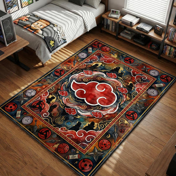 Akatsuki red cloud symbol surrounded by Rinnegan and Sharingan border art area rug and floor mat