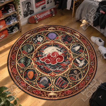 Akatsuki Moonlit Naruto round rug on a bedroom floor - Naruto chair mat
