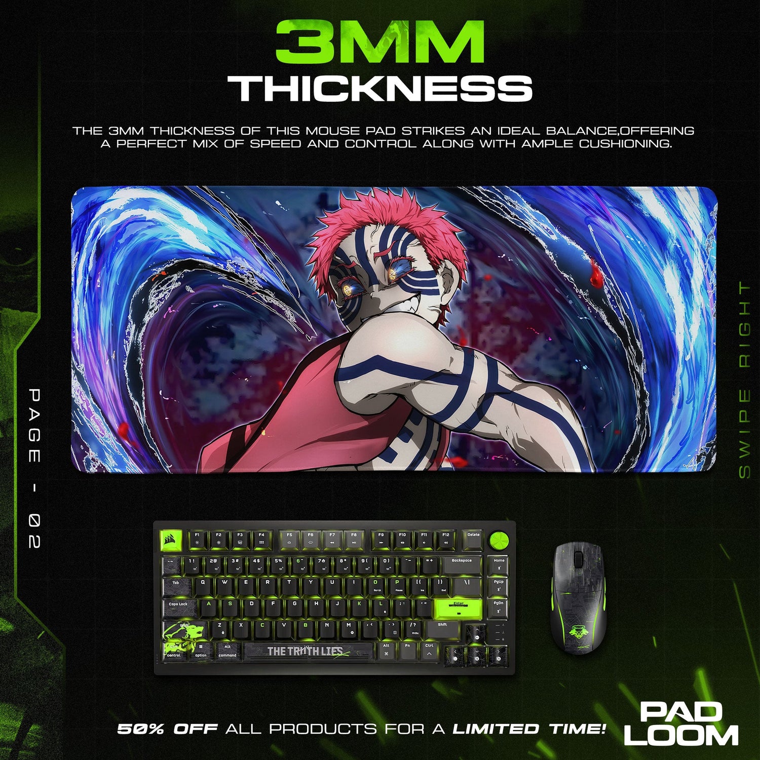 Akaza Demon Art Mouse Pad, Water Surge Anime Desk Mat Padloom