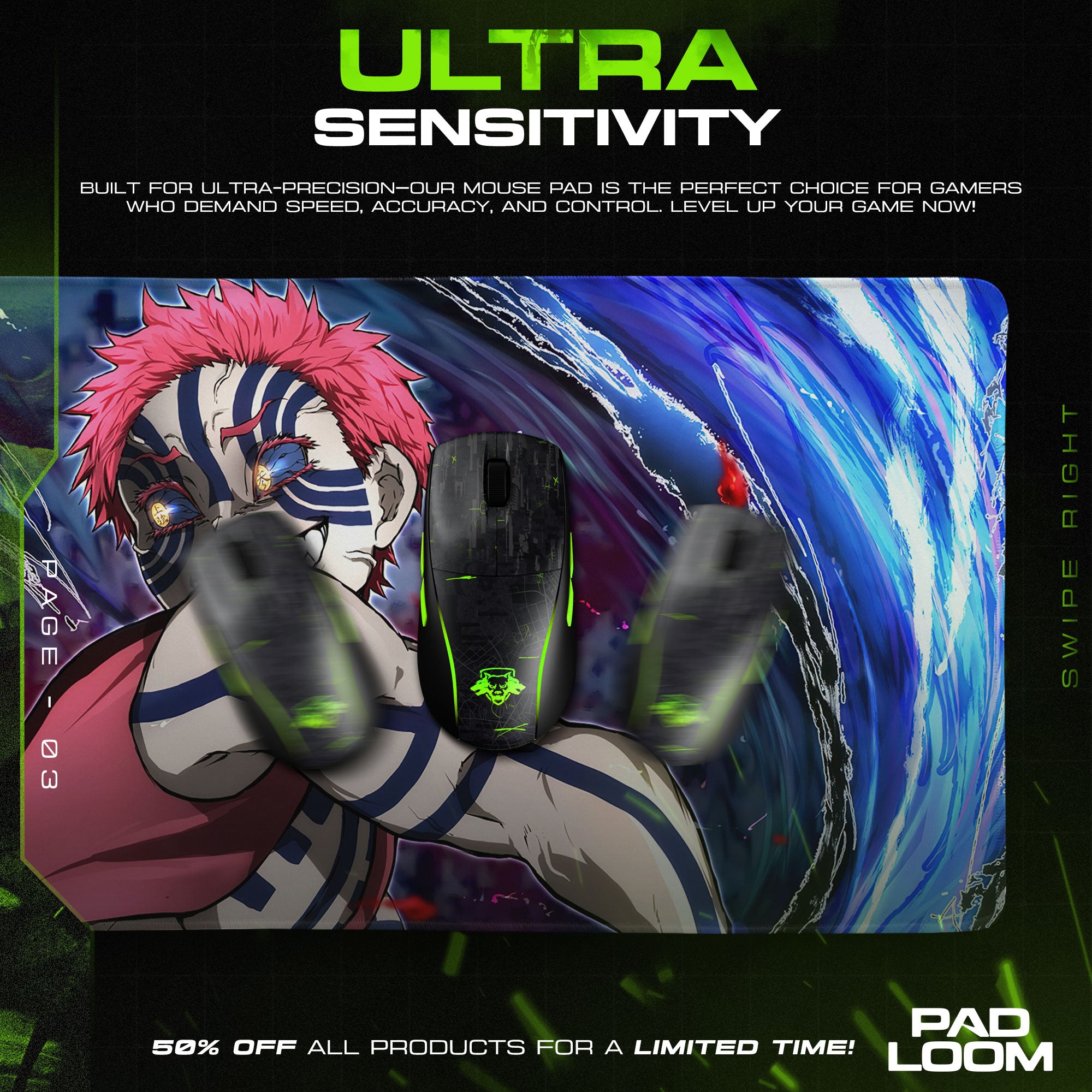 Akaza Demon Art Mouse Pad, Water Surge Anime Desk Mat